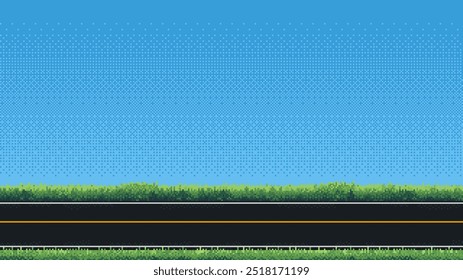 Pixel Art Racing fondo de nivel de juego, diseño retro de píxeles, Imagen de 8 bits, pista de carreras 2D, césped y cielo azul, Ilustración vectorial de arcade de carreras