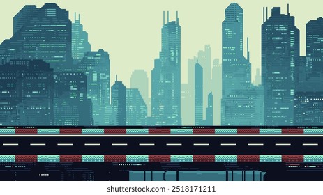 Pixel Art Racing Game Level background, diseño retro de píxeles, Imagen de 8 bits, pista de carreras 2D, carretera con ciudad futurista en el fondo, ciencia ficción, paisaje urbano, Ilustración vectorial de arcade de carreras