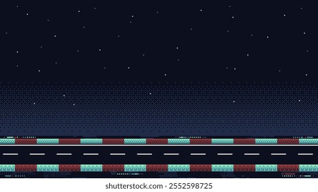 pixel art corrida nível do jogo de corrida plano de fundo, pixel retro design, imagem de 8 bits, 2d pista de corrida, estrada com céu noturno no plano de fundo, ilustração de vetor de arcada de corrida