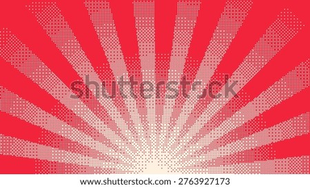 Pixel art radial burst in red and white with dithering pattern. Retro abstract background with bold visual contrast, vector illustration.