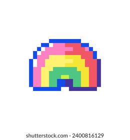 Icono del arcoiris en arte de un píxel. Ilustración del espectro coloreado de 8 bits del vector Pixel. Decoración del juego retro de los años 90 para el día de San Valentín. Ilustración del pegatina iris sobre fondo blanco.	