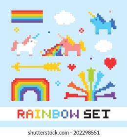 Pixel art rainbow isolated objects vector set