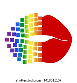 Pixel art rainbow. Lips, lip, kiss, mouth mosaic. Pixel art Valentines, mothers day, pride festival, pride flag, logo,card,banner. Sexy girl lips isolated pixel icon. Lips pixel vector symbol.
