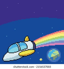 pixel art of rainbow space ship