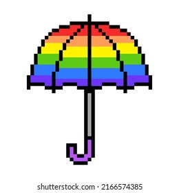 Pixel Art Rainbow Umbrella Icon Isolated On White Background. Symbol Of Lgbtq Support. Pride Month Logo. Rainy Weather Accessory. Vintage Retro 80's-90's Slot Machine, 2d 8 Bit Video Game Graphics.