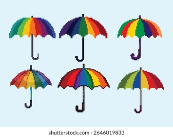 Pixel Art Rainbow Umbrellas Collection, Colorful Weather Icons, vibrant collection of six distinct pixel art umbrellas, each bursting with bright rainbow colors and subtle variations in design.