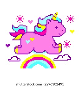 Pixel art rainbow unicorn. Nostalgia cute dream fantasy with pink hearts, stars and pink pony.
