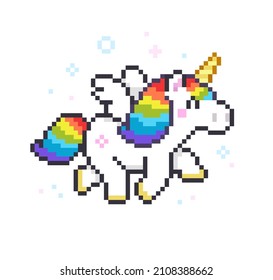 Pixel art Rainbow Unicorn on white background cartoon style isolated vector. Cute White Unicorn icon in retro 8-bit game style	