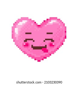 Pixel art raised delicious face heart emoji. Vintage 8 bit pixel pink emoticon with tongue of goofy hungry face smile. Cute anime kawaii vector icon. Valentine Day romantic heart-shaped design.
