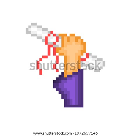Pixel art raised hand with diploma icon isolated on white background. 8 bit graduation symbol.  Old school vintage retro 80s, 90s 2d computer, video game graphics.