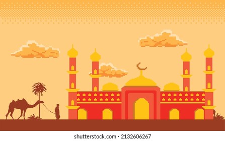 pixel art of ramadan month there are magnificent mosque buildings, camels under the clouds and beautiful sky