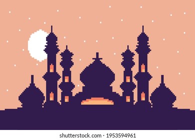 pixel art ramadan there is a mosque building with a sky full of stars