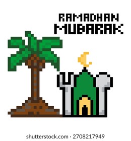 Pixel arte Ramadhan com mesquita e palmeira