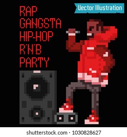 Pixel art - rapper and swag gangster read rap. Pixelart singer. Poster, rap album, cover, banner or poster element. Rap, rnb, hiphop club party poster. Isolated vector illustration on black background