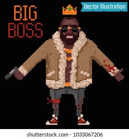 Pixel Art - Rapper And Swag Gangster With Gun. Pixelart Singer. Poster, Rap Album, Cover, Banner Or Poster Element. Rap, Rnb, Hiphop Club Party Poster. Isolated Vector Illustration On Black Background