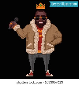 Pixel Art - Rapper And Swag Gangster Read Rap. Pixelart Singer. Poster, Rap Album, Cover, Banner Or Poster Element. Rap, Rnb, Hiphop Club Party Poster. Isolated Vector Illustration On Black Background