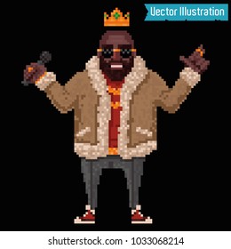 Pixel Art - Rapper And Swag Gangster Read Rap. Pixelart Singer. Poster, Rap Album, Cover, Banner Or Poster Element. Rap, Rnb, Hiphop Club Party Poster. Isolated Vector Illustration On Black Background