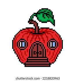 Pixel art red apple house with 2 round windows, a door and stairs isolated on white background. Old school retro 80's-90's 2d 8 bit video game graphics. Magic forest shack. Fairy tale building.