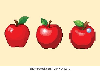 Pixel Art Red Apples Set. A collection of three detailed pixel art red apples, each with a green leaf and stem.