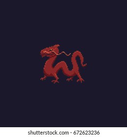 Pixel art red asian chinese dragon isolated on dark background