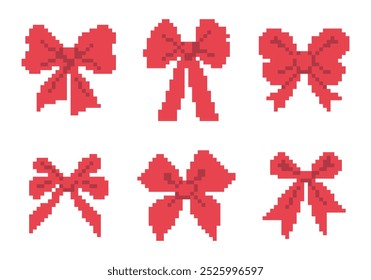 Pixel art. Red bow. Set of ribbons in knots. Vector isolated illustration