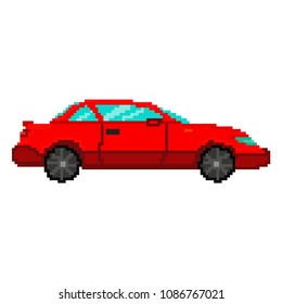 Pixel Art Red Car. Vector 8 Bit Game Web Icon Isolated On White Background.