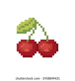 Pixel art red cherry icon. Pixelated retro game red Pair of cherries icons. 8 bit or 16 bit style cherry icon for game or web design. Cute Flat Vector pixel art red fruit, berry symbol.
