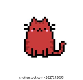 Pixel art red cute cat sitting pose. pixel art cat, pet, animal.