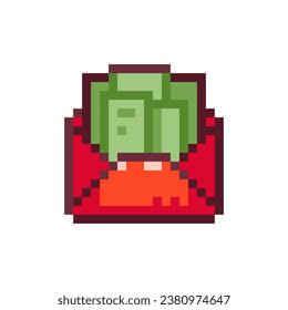 Pixel Art Red Envelope with Gift Money. Retro 8 bit Style Lucky Money Good Fortune and Lunar Festival Illustration. Ideal for Sticker, Retro Decorative Element, Game Asset, Emoji, Patch, Avatar.	