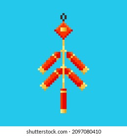 Pixel art red firecracker icon. Vector 8 bit style illustration of Chinese cracker or petard. Isolated red and gold holiday explode burst element of retro video game computer graphic.