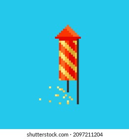 Pixel art red firework rocket icon. Vector 8 bit style illustration of Chinese rocket or petard. Isolated red and gold holiday explode burst element of retro video game computer graphic.