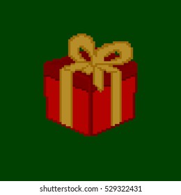 Pixel art. A red gift box on a green background.
