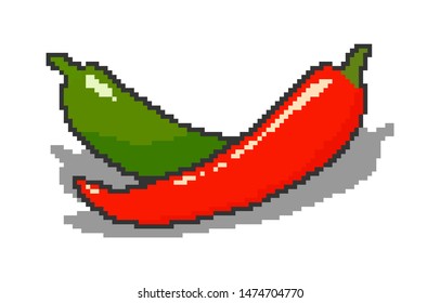 Pixel art red and green Chili on white background vector illustration