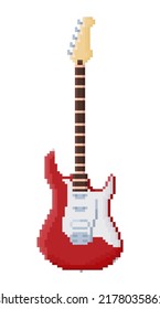 Pixel Art Red Guitar musical instrument. 8bit game item on white background