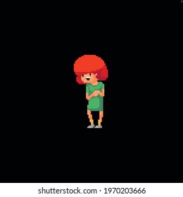 Pixel art red haired girl in green dress looking down on something