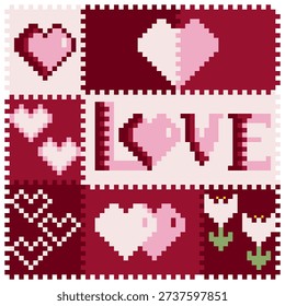 pixel art red heart on red background Seamless pattern. Pixel Art Abstract Background Texture concept valentine art concept for fabric texture illustration art on wrap carpet decoretion vector poster bookcase