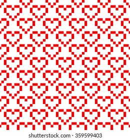 Pixel art red heart retro 8 bit vector seamless pattern. Geometric squares romantic background.