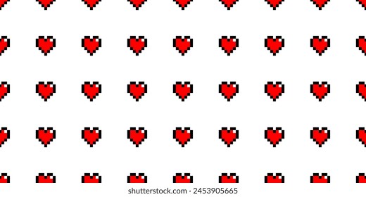 Pixel art red hearts on white background in grid seamless pattern