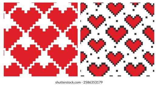 Pixel Art Red hearts Seamless Pattern. St Valentine Day greeting Pixels background Texture concept