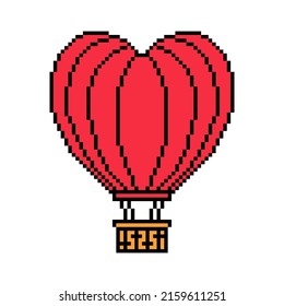 Pixel art red heart-shaped hot air balloon. Wedding, honeymoon, Valentine's day trip. Vintage retro 80's, 90's 8 bit slot machine, computer, video game graphics. Love metaphor. Aircraft festival logo.
