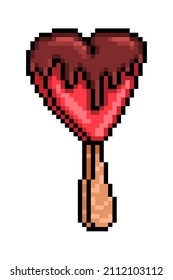 Pixel Art Red Ice Cream Heart-shaped Bar On A Stick Decorated With Chocolate Dripping Isolated On White Background. Valentine's Day Dessert. Romantic Date Dinner Treat. Wedding Cake Pop. Love Symbol.