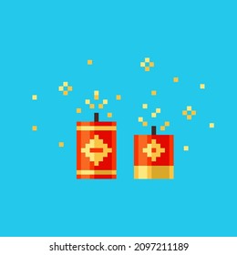 Pixel art red petard icon. Vector 8 bit style illustration of Chinese firecracker or petard. Isolated red and gold holiday explode burst element of retro video game computer graphic.