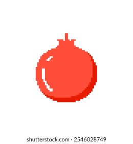 Pixel art red pomegranate on white background. Retro-style pixelated illustration of a pomegranate fruit.