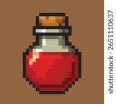 A pixel art red potion bottle with a cork top, designed in classic 16-bit style. Perfect as a health potion or healing item in retro RPGs, fantasy games, or pixel-based adventure titles.