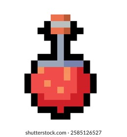 Pixel art red potion bottle with retro gaming style and fantasy magic theme. Game interface, pixelated life bar and menu button. Button 8 bit pixel