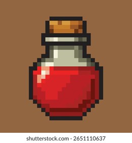 A pixel art red potion bottle with a cork top, designed in classic 16-bit style. Perfect as a health potion or healing item in retro RPGs, fantasy games, or pixel-based adventure titles.
