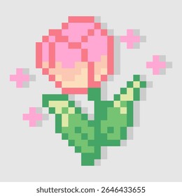 Pixel art red rose flower. Retro 8-bit style design. Romantic and vintage floral illustration. Isolated and editable vector.