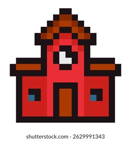 Pixel art red school building emoji vector illustration isolated on white background