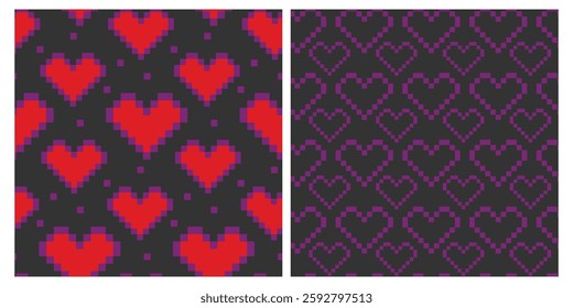 Pixel Art Red and Violet Hearts Seamless Pattern on dark background St Valentine Day wallpaper Set 2