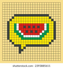 Pixel art of red watermelon slice in speech bubble. Cartoon style vector design, game item icon, mosaic, 8 bit. Fruit illustration on checkered line practice sheet, sketchbook or coloring page.